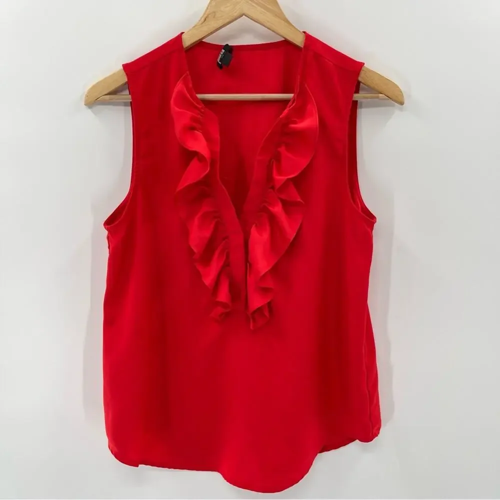 J. Crew Ruffle Front V-Neck Sleeveless Blouse Layering Top Satin Red Size Small